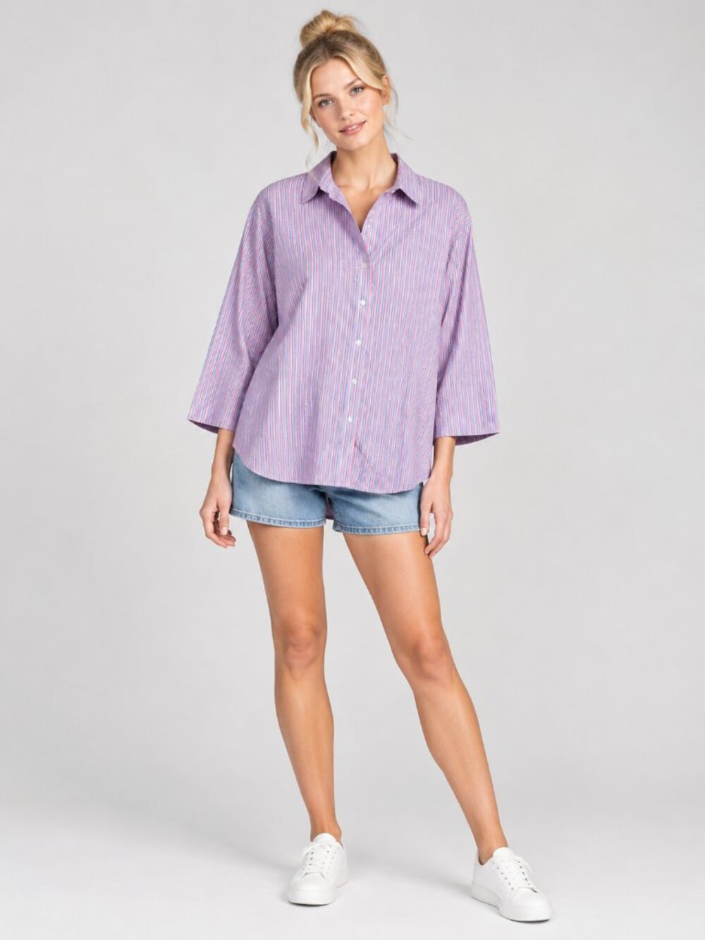 2/$30 Lands' End No Iron Pinpoint Oxford Shirt Multi Stripe 26W #A4379